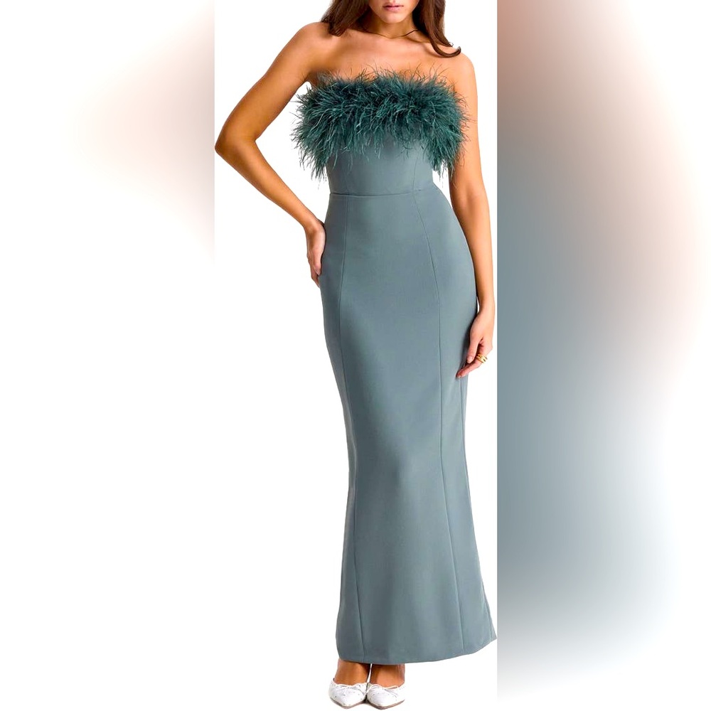 House of CB Juliene strapless feather dress in eucalyptus (NWT)